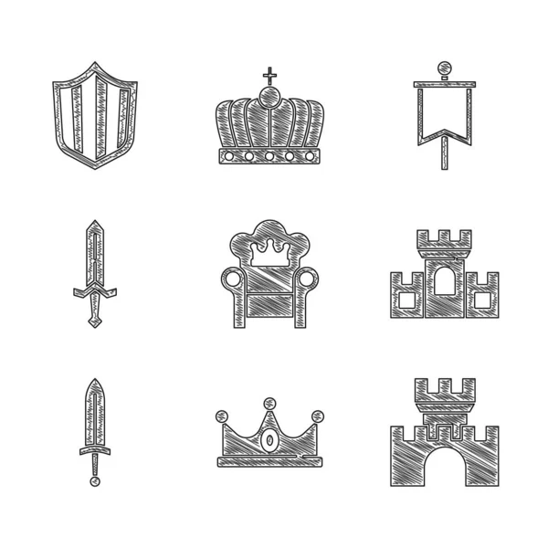 Set mittelalterlichen Thron, Königskrone, Burg, Festung, Schwert, Flagge und Schild-Symbol. Vektor — Stockvektor