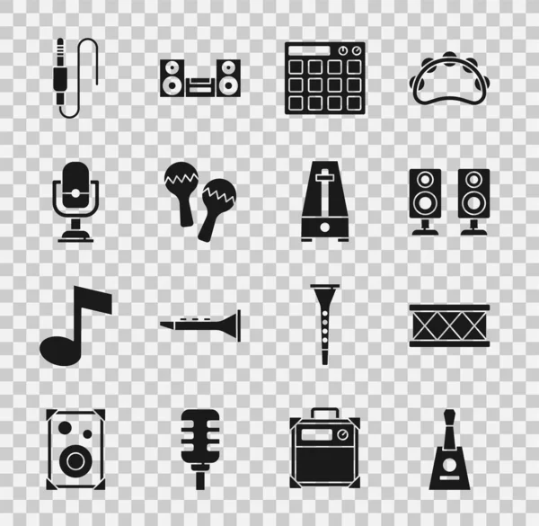 Set Balalaika, Drum, Stereo speaker, machine, Maracas, Microfoon, Audio jack en Metronoom met slinger icoon. Vector — Stockvector