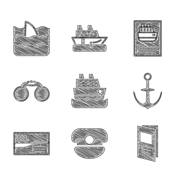 Set Kreuzfahrtschiff, Kapitänsmütze, Broschüre, Anker, Postkartenreise, Fernglas und Haifischflosse Ozeanwelle Symbol. Vektor — Stockvektor