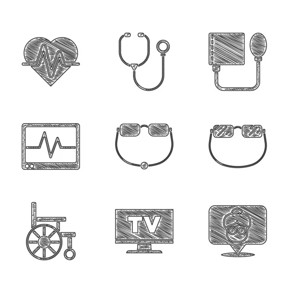 Set de gafas graduadas, Smart Tv, Asilo de ancianos, Silla de ruedas, Monitor con cardiograma, Presión arterial e Icono de frecuencia cardíaca. Vector — Archivo Imágenes Vectoriales