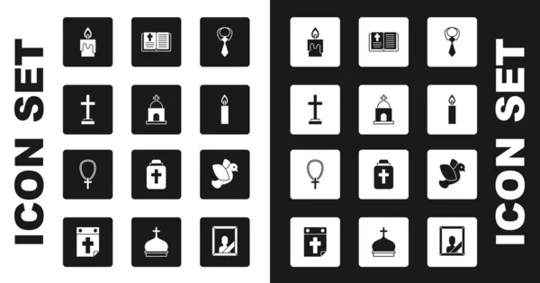 Set Cravate, Vieille crypte, Tombe avec croix, Bougie ardente, Livre de la Sainte Bible, Colombe et Christian sur l'icône de la chaîne. Vecteur — Image vectorielle