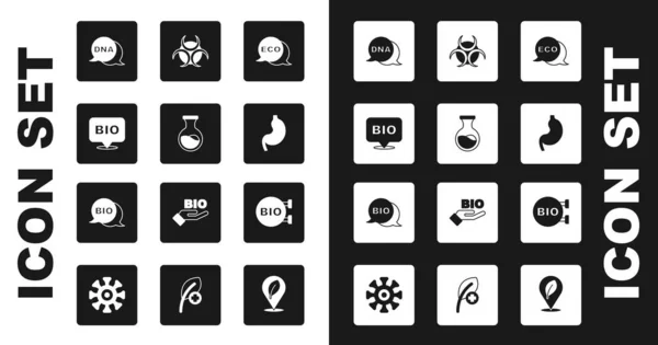 Définir l'étiquette pour les aliments éco-sains, éprouvettes et flacons, bio, symbole ADN, estomac humain, risque biologique et icône. Vecteur — Image vectorielle