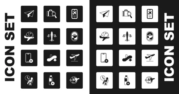 Set Mobile met ticket, Vliegtuig, Globe vliegende vliegtuig, Papier vliegtuig, Vliegtuigvenster, Verloren bagage, opstijgen en Geen mobiele telefoon pictogram. Vector — Stockvector