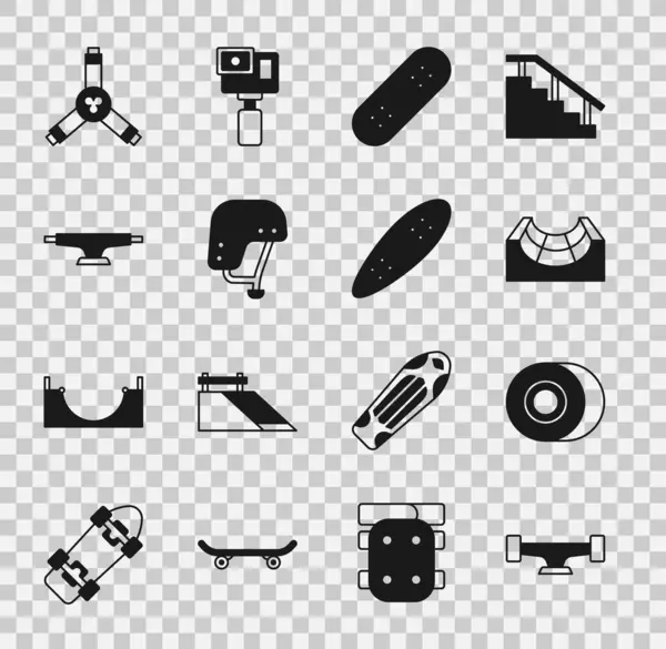 Set Roue de planche à roulettes, parc, casque, Y-outil et Longboard ou icône de planche à roulettes. Vecteur — Image vectorielle