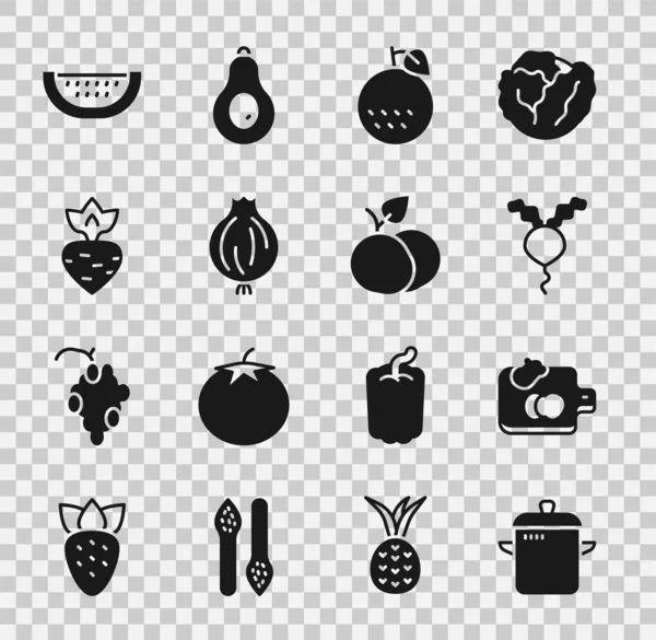 Набор Кулинарный горшок, Режущая доска с овощами, редис, апельсиновые фрукты, чеснок, репа, арбуз и икона манго. Вектор — стоковый вектор