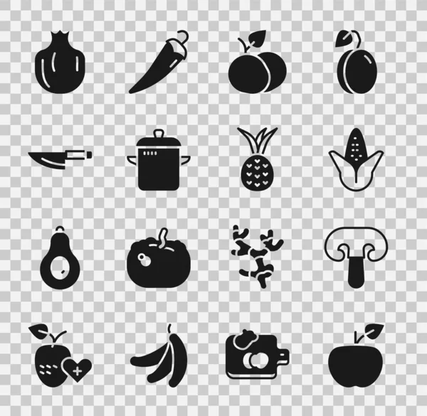 Conjunto de manzana, champiñones, maíz, fruta de mango, olla de cocina, cuchillo, granada y piña icono. Vector — Archivo Imágenes Vectoriales