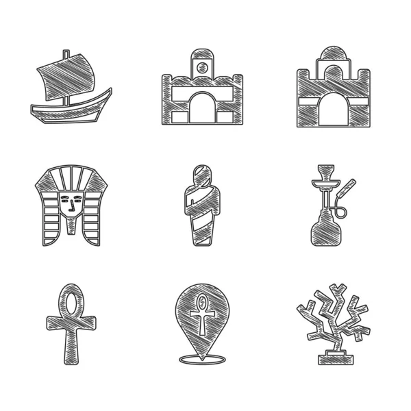 Set Egypt mummy, Cross ankh, Coral, Hookah, Egyptian pharaoh, house and ship icon. Vector — Stock Vector