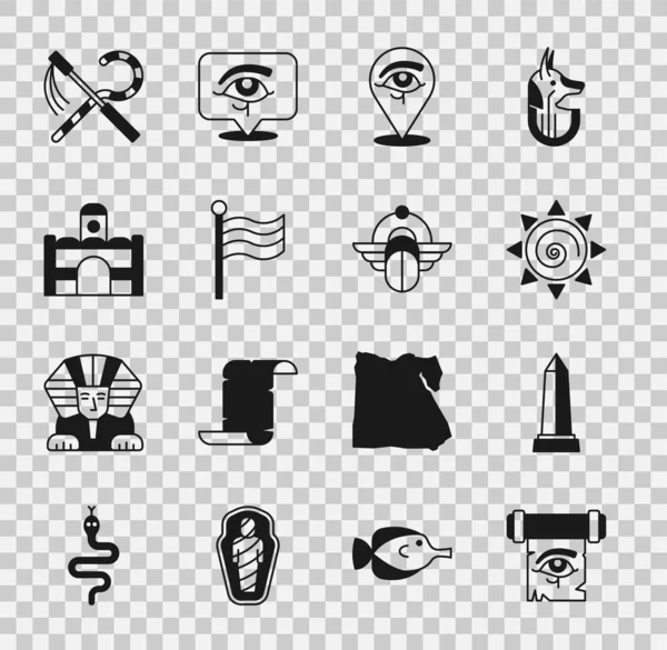 Set Eye of Horus on papyrus scroll, Obelisk Alexandria, Sun, Flag Of Egypt, Egyptian house, Crook flail and Scarab icon. Vector — Stock Vector