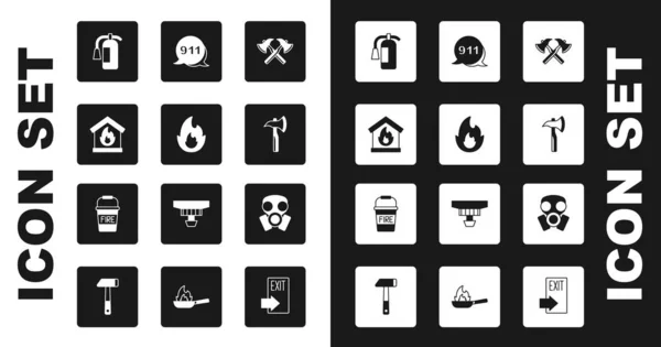 Set Feuerwehrbeil, Flamme, in brennenden Haus, Feuerlöscher, Notruf 911, Gasmaske und Eimer-Symbol. Vektor — Stockvektor