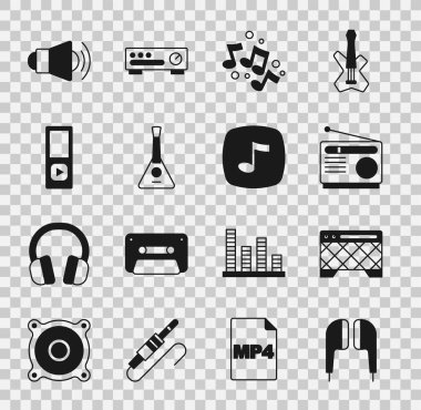 Hava kulaklıkları, Gitar Amplifikatörü, Radyo, Müzik Notası, Tonlama, Balalaika, Oyuncu, Megafon ve Simge. Vektör