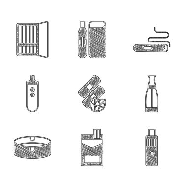 Tıbbi nikotin bantları, sigara kutusu, Vape mod cihazı, sıvı şişe, kül tablası, elektronik sigara ve kutu ikonu. Vektör