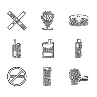 Sigara paketi, çakmak, sigara içen adam, Vape mod cihazı, Hayır, Elektronik, kül tablası ve simge. Vektör