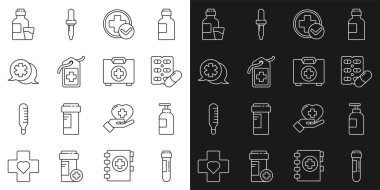 Kan testi tüpü, el dezenfektanı şişesi, su toplayıcı paketindeki haplar, Cross hastanesinin sağlık sigortası, etiket, doktor diyaloğu, ilaç şurubu şişesi ve ilk yardım seti ikonu hazırlayın. Vektör