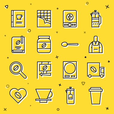 Sıralı kahve fincanı, sokak kamyonu makinesi, barista, elektronik kahve terazisi, kavanoz şişesi, kitap ve kaşık ikonu. Vektör