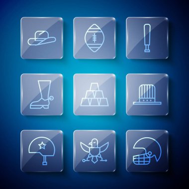 Askeri miğfer, Kartal, Amerikan futbolu, beysbol sopası, altın çizme, kovboy çizmesi, kovboy şapkası ve vatansever top ikonu. Vektör