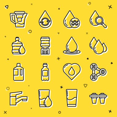 Hat su filtresi, H2O için kimyasal formül, damla, temiz su, soğutucu, su, sürahi ve ikon içeren büyük şişe. Vektör