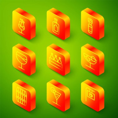 Kokteyl, viski şişesi, şişe açacağı, şarap bardağı, şarap şişeleri ahşap kutu, tahta fıçı ve martini ikonu. Vektör