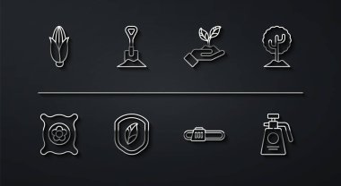 Mısır, bitki, ağaç, testere, yapraklı kalkan, toprağı kürekle, gübre için bahçe spreyi ve bitki eliyle çevre ikonu dolu tohumlarla dolu bir paket. Vektör