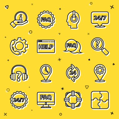 Satır Parçası, teçhizatlı konum, Bilinmeyen Arama, İletişim operatörü, Tarayıcı yardımı, Telefon 24 saat desteği, Bilgi ve Konuşma balonu SSS simgesi. Vektör