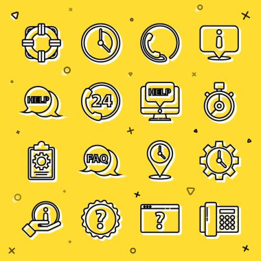 Hat Telefon, Zaman Yönetimi, Kronometre, 24 saat destek, metin Yardım, Lifebuoy ve Bilgisayar monitörü ile konuşma balonu ve yardım simgesi ayarla. Vektör