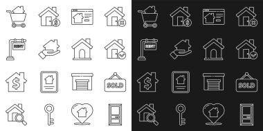 Hat kapalı, yazı satıldı tabelası, ev kontrol işareti, online emlak evi, emlakçı, kira, alışveriş arabası ve ikon. Vektör