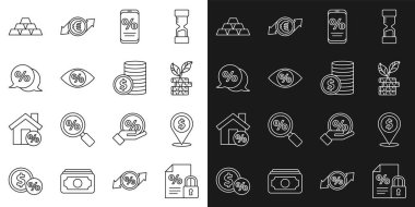 Hat Finans belgesi ve kilit, nakit konumu, dolar fabrikası, indirimli cep telefonu, yüzde elli göz, indirimli etiket, altın külçeler ve madeni para dolar ikonu. Vektör