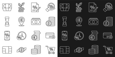 Alış veriş arabası, kredi kartı ekstreleri dolarlı madeni para, finans belgesi, nakit konumu, eski kum saati, kağıt para yığını ve ikon. Vektör