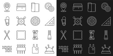 İğne ve iğneler, fermuar, üçgen cetvel, tekstil kumaş rulo, dikiş düğmesi örgü, güvenlik iğnesi, terzi dükkânı ve ikon. Vektör