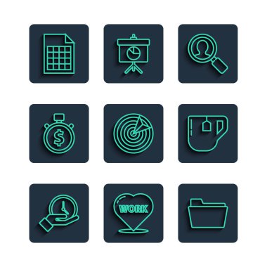 Clock, Heart with text work, döküman klasörü, arama görevlileri için büyüteç, hedef spor, zaman para, dosya belgesi ve çay poşeti ikonu. Vektör