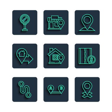 Rota, konum, ev, dur işareti ve paralı yol trafik ikonu ayarlayın. Vektör