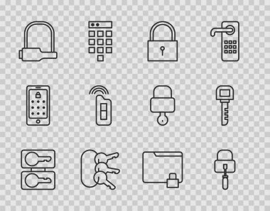 Satır döküm anahtarlarını ayarla, maymuncuklar için maymuncuk, bisiklet, uzaktan kumandalı araba, klasör ve anahtar simgesi. Vektör