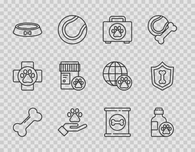 Sabit çizgi köpek kemiği, evcil hayvan şampuanı, ilk yardım çantası, hayvanların ayak izi, yemek kasesi, ilaç şişesi, konserve ve hayvan sağlığı sigortası ikonu. Vektör