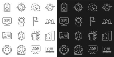 Dizüstü bilgisayarı özgeçmiş, Üretken insan, Proje ekibi tabanı, konuşma balonu sohbeti, kafa avcılığı, anahtar performans göstergesi, pano ve konum belirleyici simgesi ile ayarla. Vektör