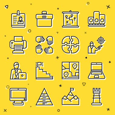 Satır Ticareti Stratejisi, Laptop, Pazarlama Hedefi, Planlama Konsepti, Proje Ekibi Üssü, Yazıcı, Kimlik Rozeti ve Yapboz Parçası. Vektör