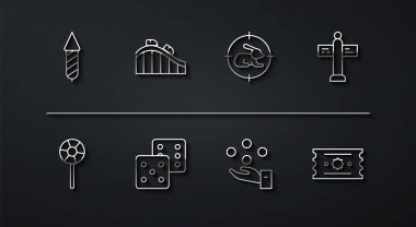 Firework roketi, lolipop, trafik levhası, hokkabazlık topu, zar oyunu, lunapark treni, bilet ve avlanma. Vektör