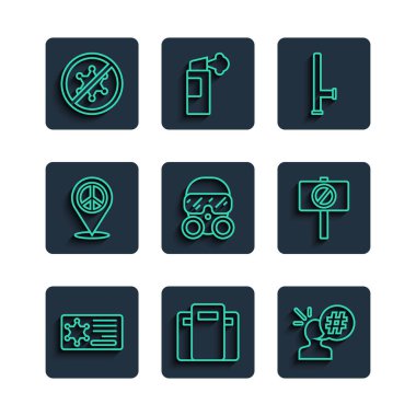 Polis rozeti, saldırı kalkanı, protesto, lastik cop, gaz maskesi, yer barışı ve ikon. Vektör