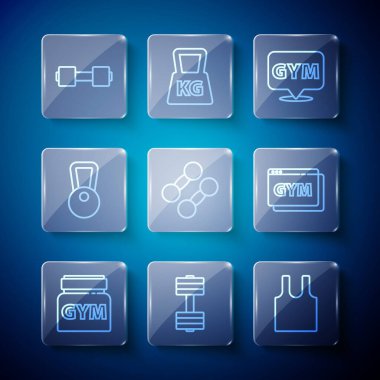 Set hattı spor beslenme, Dumbbell, kolsuz tişört, konum spor salonu, Kettlebell, ve çevrimiçi fitness ve eğitim ikonu. Vektör