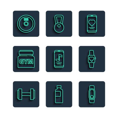 Set hattı Dumbbell, fitness shake, Smartwatch, kalp atışlı mobil, müzik çalar, spor beslenmesi, ağırlık plakası ve ikon. Vektör