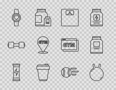 Set hattı spor beslenme, Kettlebell, banyo terazisi, fitness karıştırıcı, Smartwatch, spor salonu, tenis topu ve ikon. Vektör