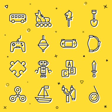 Satır Yoyo oyuncağı, Kılıç, Yay, Oyuncak at, Whirligig, Gamepad, Otobüs ve Taşınabilir Oyun konsolu simgesi. Vektör