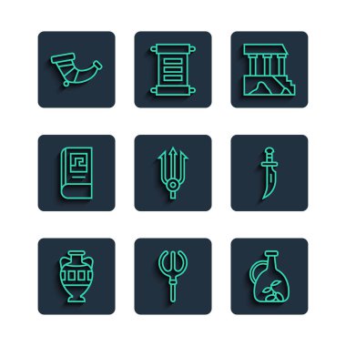 Antik amforalar, Neptün Mızrağı, Bir şişe zeytin yağı, Parthenon, Yunan tarihi kitabı, Avcılık boynuzu ve Hançer ikonu. Vektör