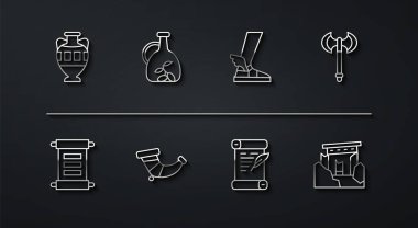 Eski amforalar, ferman, parşömen, parşömen, parşömen, ortaçağ baltası, avlanma borusu, bir şişe zeytinyağı, harabeler ve Hermes sandalet ikonu. Vektör