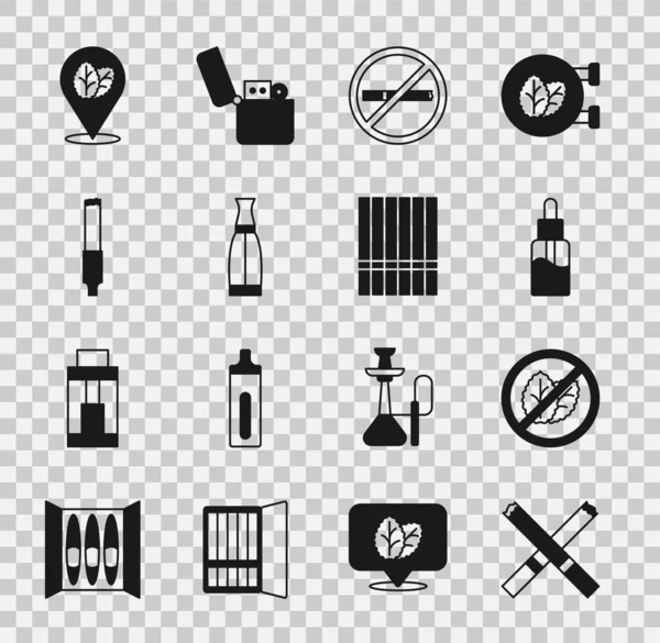 Set Cigarrillo, Sin hoja de tabaco, Vape botella líquida, fumar, Tabaco y el icono. Vector — Archivo Imágenes Vectoriales