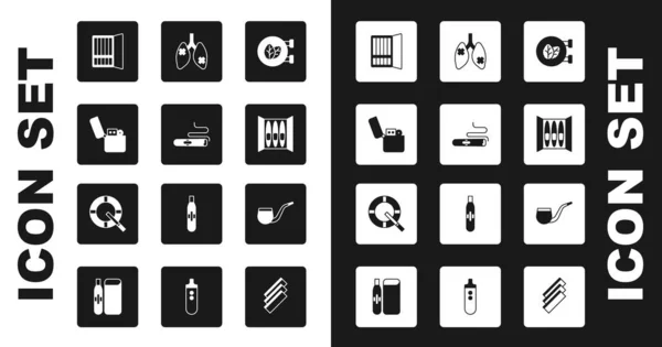 Set Tabaksblad winkel, Sigaar, Lichter, Sigarettenkoker, Ziekte longen, Geen pijp roken en asbak met sigaret pictogram. Vector — Stockvector