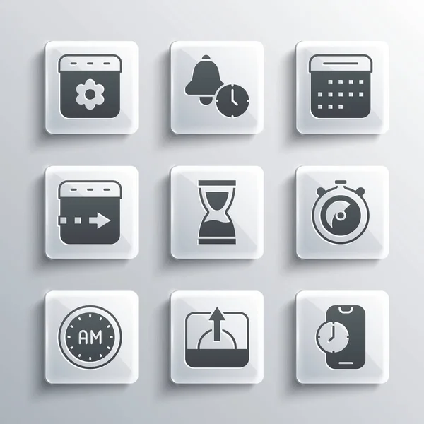 Set Sunrise, Alarm clock app mobile, Stopwatch, Old hourglass, Morning time, Time flies on the, Calendar spring and icon. Vector — Stock Vector