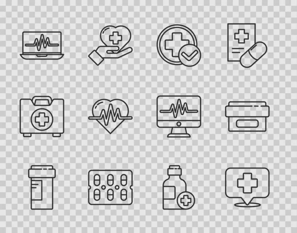 Set line Botella de medicina, Puntero de mapa con hospital cruzado, Médico cruzado, Paquete de blister de píldoras, cardiograma de computadora portátil, Frecuencia cardíaca, Botella de jarabe de medicina e icono de tubo de crema de ungüento. Vector — Archivo Imágenes Vectoriales