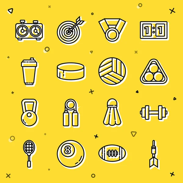 세트 라인 Dart arrow, Dumbbell, Billiard balls in rack triangle, Medal, Hockey puck, Fitness shaker, Time chess clock, Volleyball icon. Vector — 스톡 벡터