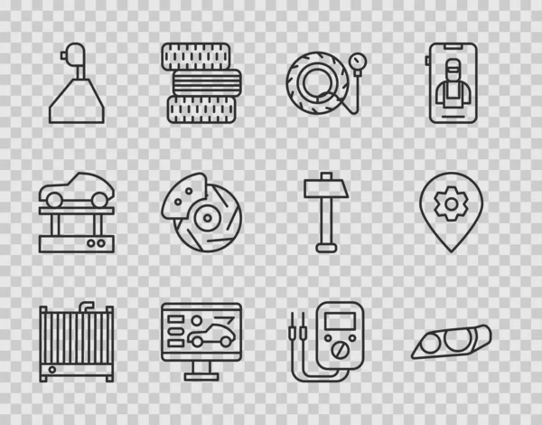 Set line Kühlerkühlsystem, Scheinwerfer, Reifendruckmessgerät, Diagnose Zustand des Autos, Schalthebel, Bremsscheibe mit Bremssattel, Multimeter und Standort Service-Symbol. Vektor — Stockvektor