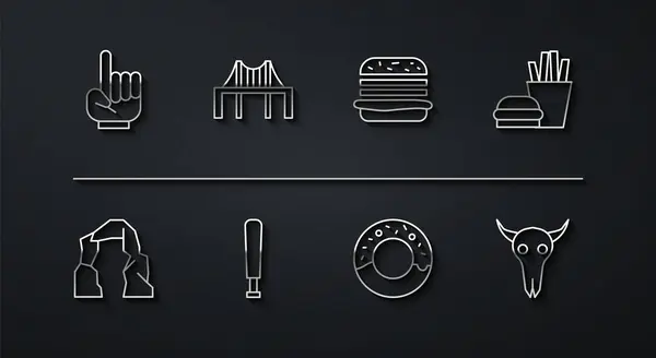 Set Linie 1 ein Fan-Handschuh, Grand Canyon, Burger Pommes, Donut, Baseballschläger, Golden Gate Bridge, Büffelschädel und Symbol. Vektor — Stockvektor