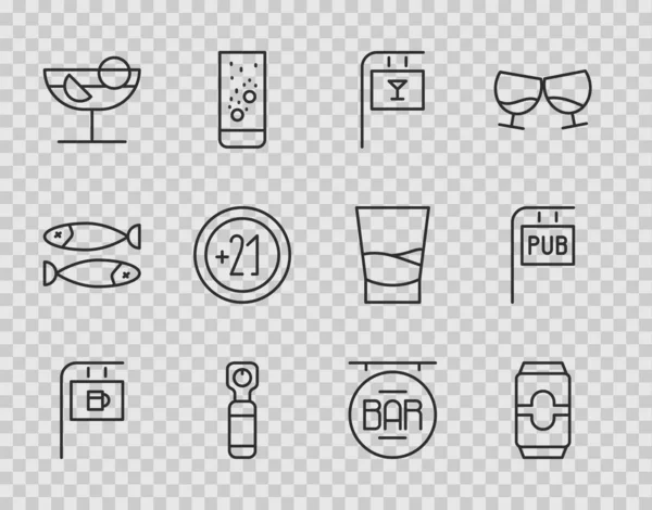 Definir linha de sinalização de rua com bar, lata de cerveja, abridor de garrafas, Cocktail, álcool 21 plus, e ícone de bar. Vetor — Vetor de Stock